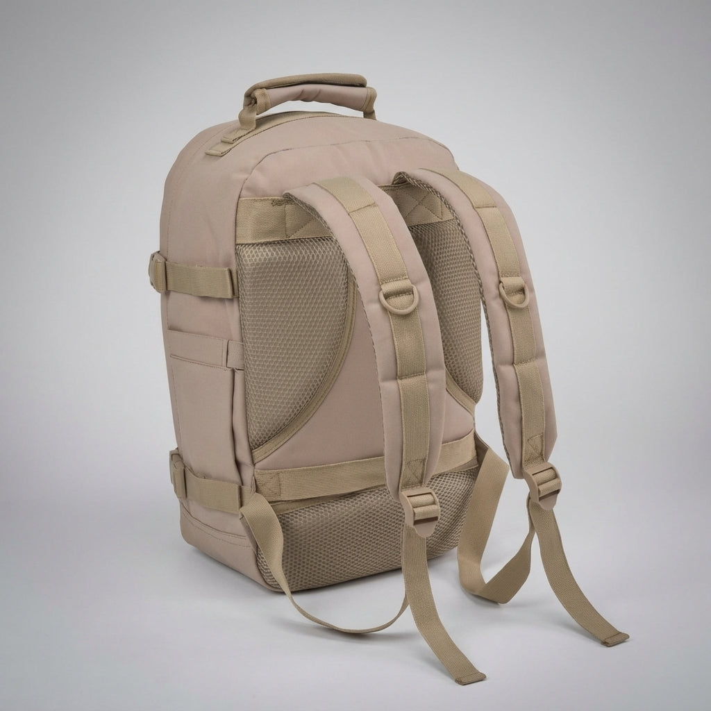 Frontvy av stilren 30L ryggsäck, optimerad som handbagage för enklare resor.