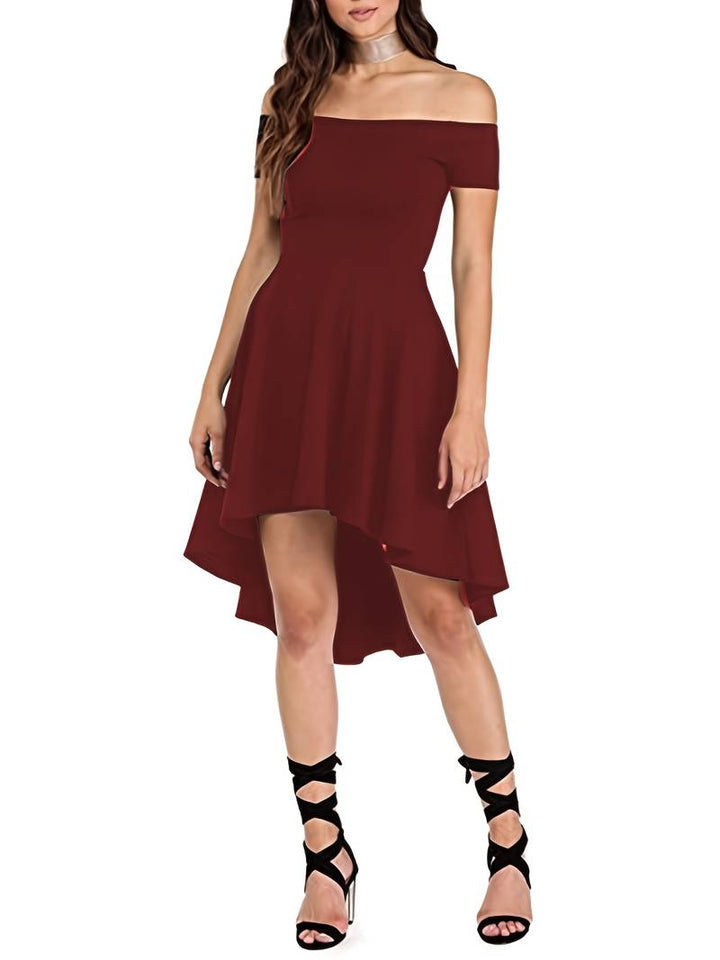 Mångsidig off shoulder klänning i svart, bourgogne eller blå. Elegant för fest och sommar.