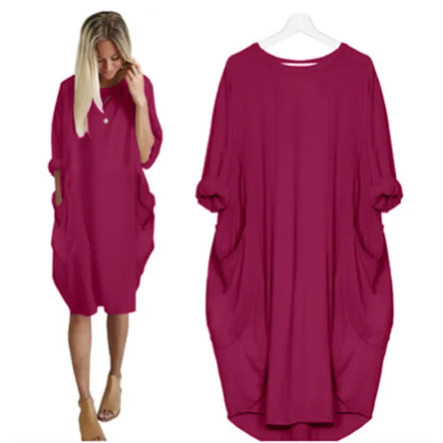 Snygg lila oversized festklänning för damer. Mjukt tyg och rund hals, mångsidig för olika evenemang.