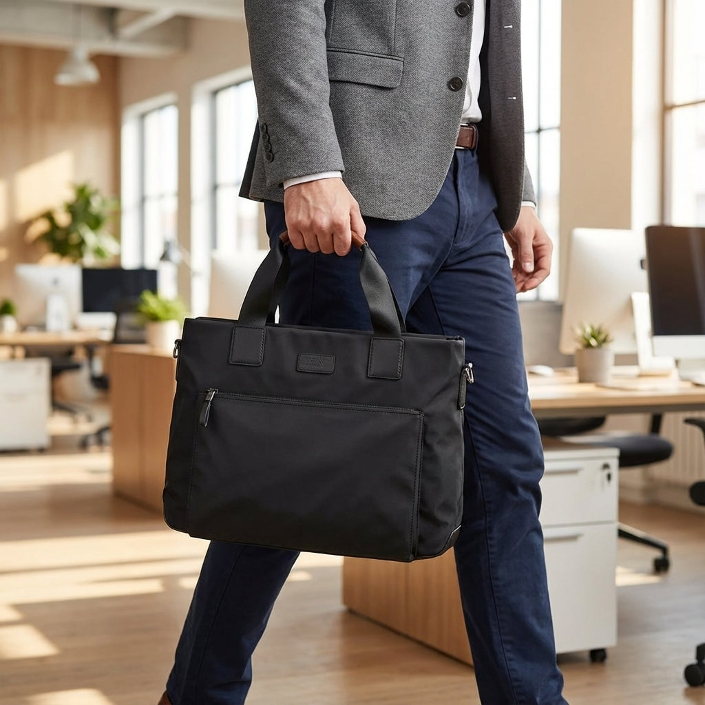 Svart Oxford laptopväska ShieldBag. Rymlig och säker för 15-tums bärbar dator, dokument och tillbehör. Perfekt pendlarväska.