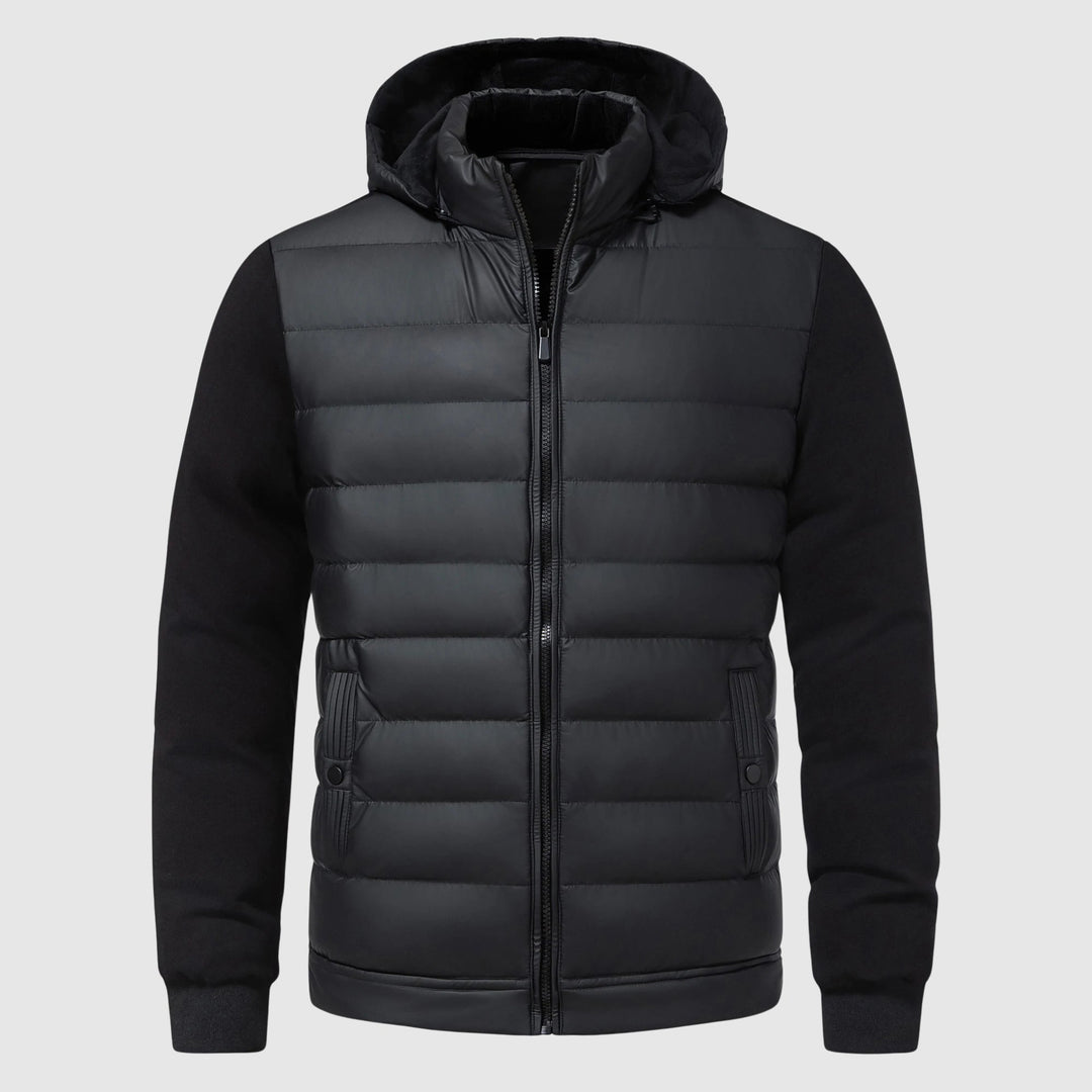 Bekväm grå quiltad herrjacka med huva. Mångsidiga ytterkläder för höst och vinter, perfekt för casual stil.