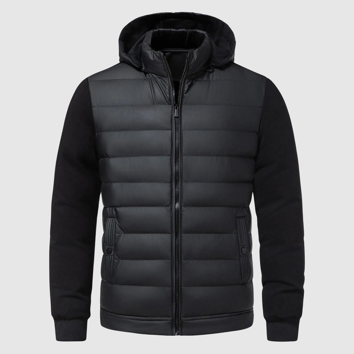 Bekväm grå quiltad herrjacka med huva. Mångsidiga ytterkläder för höst och vinter, perfekt för casual stil.