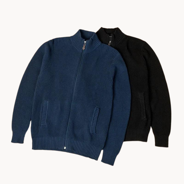 Mörkblå ribbad zip neck tröja, idealisk för en stilren och mångsidig look.