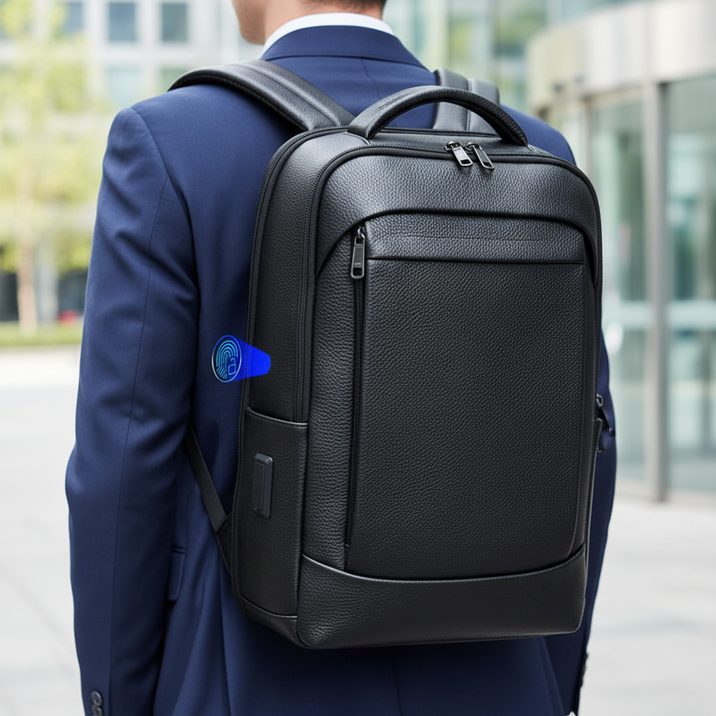 Svart SecurePack laptopryggsäck med biometrisk fingeravtryckssäkerhet, perfekt för resan och arbetet.