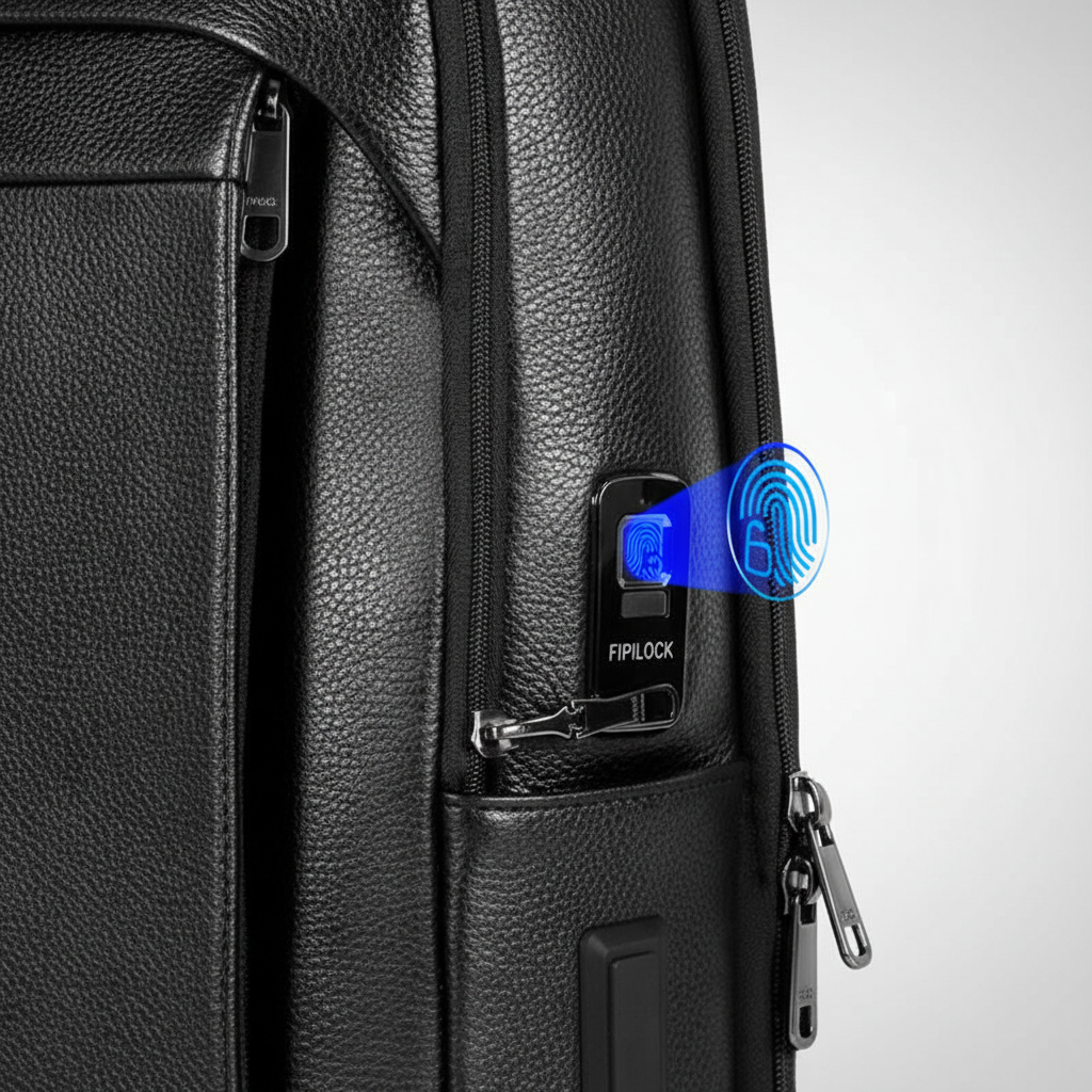 Svart, organiserad SecurePack ryggsäck med biometrisk säkerhet för laptop, bekväm för resor och daglig användning.