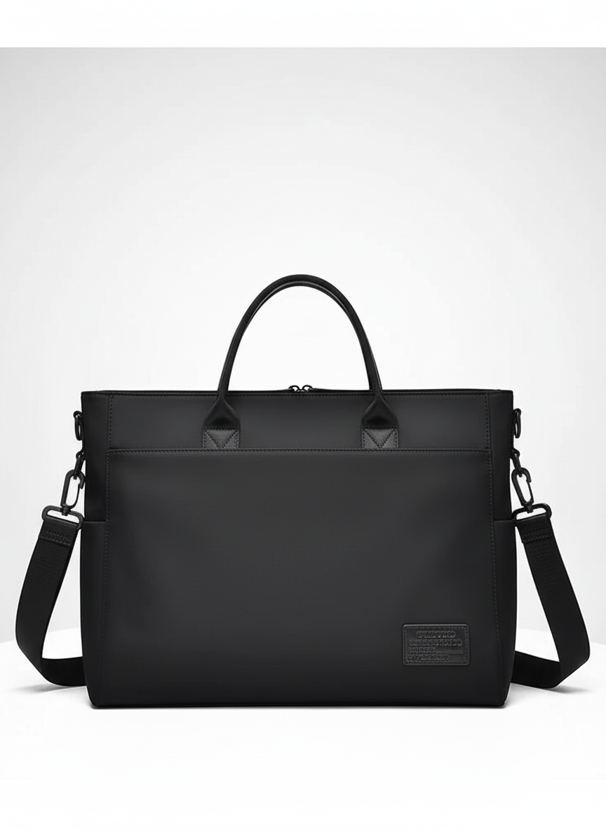 Stilren svart axelväska för laptop. Perfekt arbetsväska eller reseväska, med vattentätt skydd och elegant design.