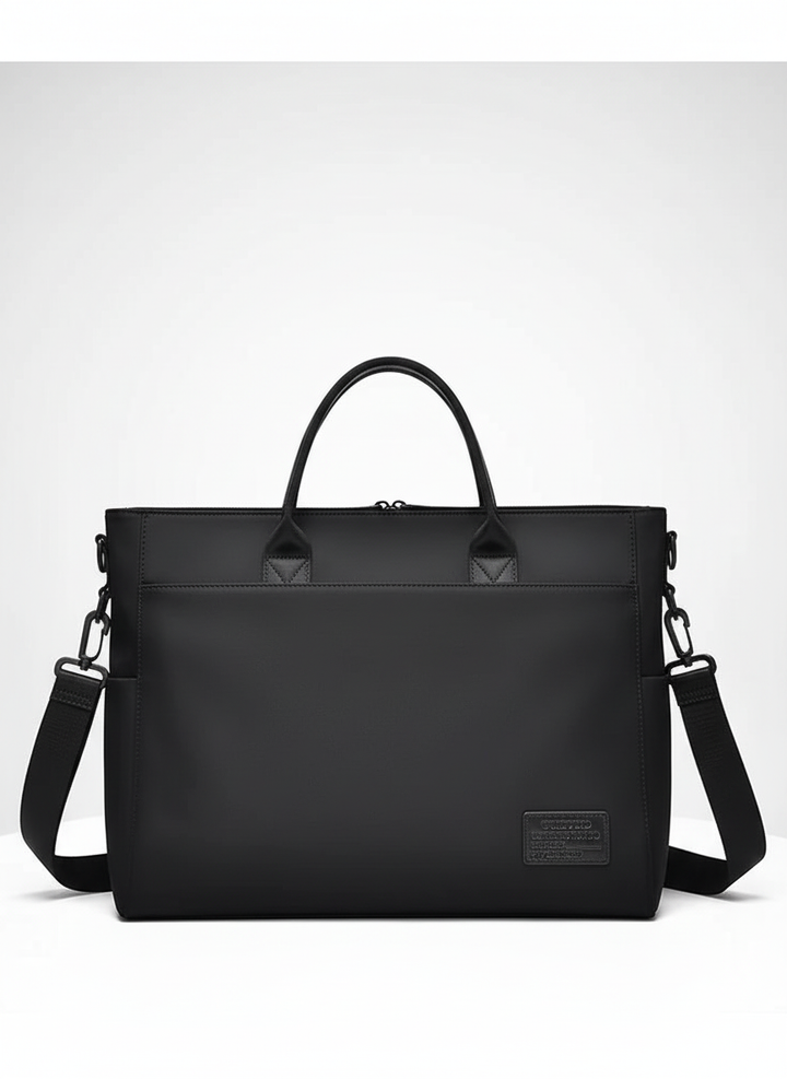 Stilren svart axelväska för laptop. Perfekt arbetsväska eller reseväska, med vattentätt skydd och elegant design.