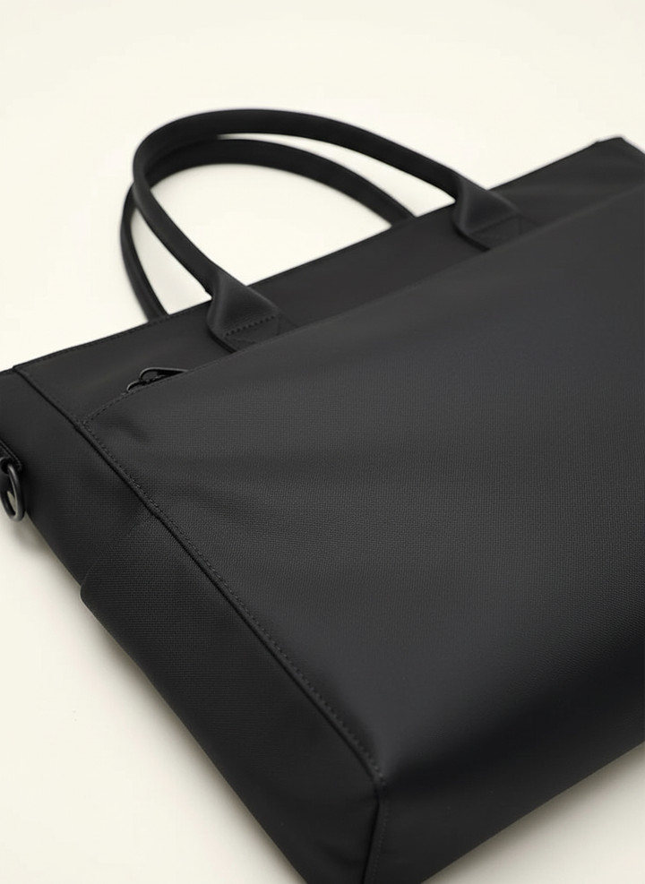 Funktionell laptopväska i svart, vattentätt material. Skyddande datorväska designad för daglig användning och kontoret.