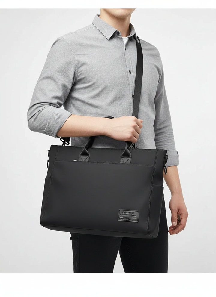 Svart, stilren och vattentät laptopväska. En funktionell axelväska som skyddar din dator under arbete och resor.