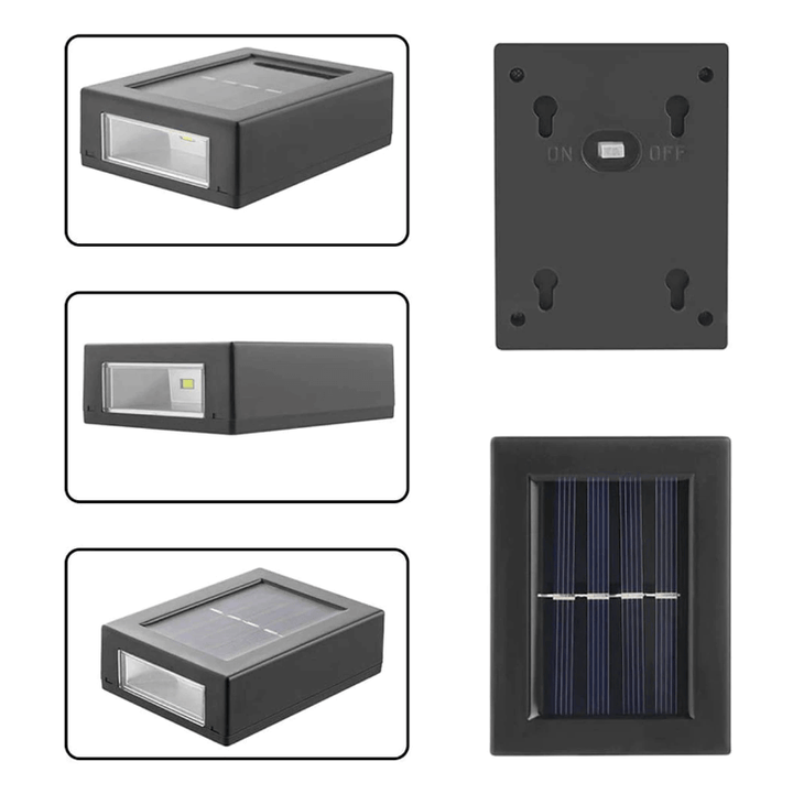 Detaljbild av svart, solcellsdriven vägglampa för uteplats. Energieffektiv LED-trädgårdsbelysning.