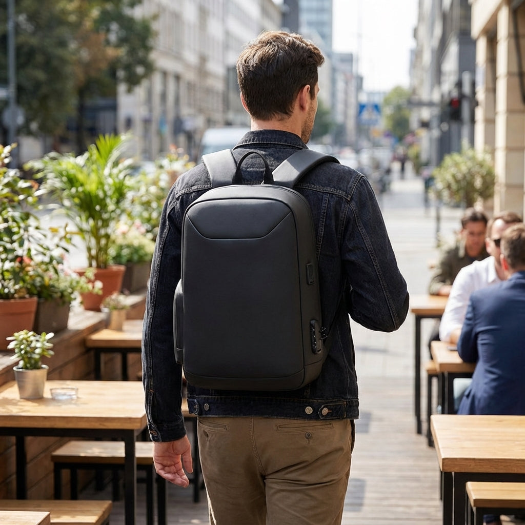 Svart stöldsäker businessryggsäck med integrerad USB-laddning. Perfekt för laptop & pendling.