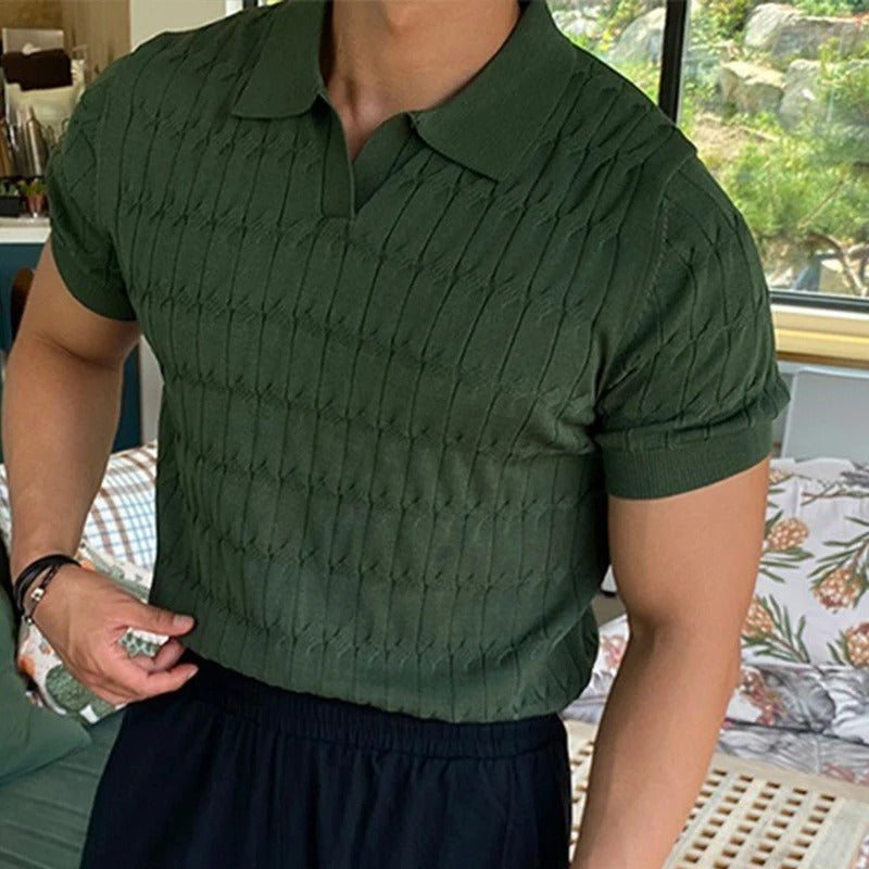 Stickad jacquard pikétröja, kortärmad herrpolo i svart, vit eller grön polyester, slim fit.