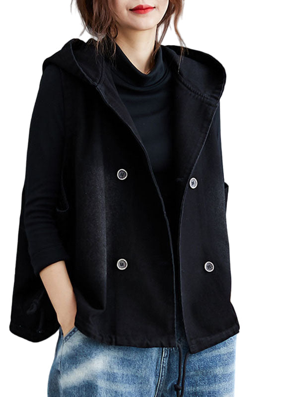 Svart stilren dam trenchväst med huva i denimlook. Ärmlös, perfekt för vår- och höstmode.