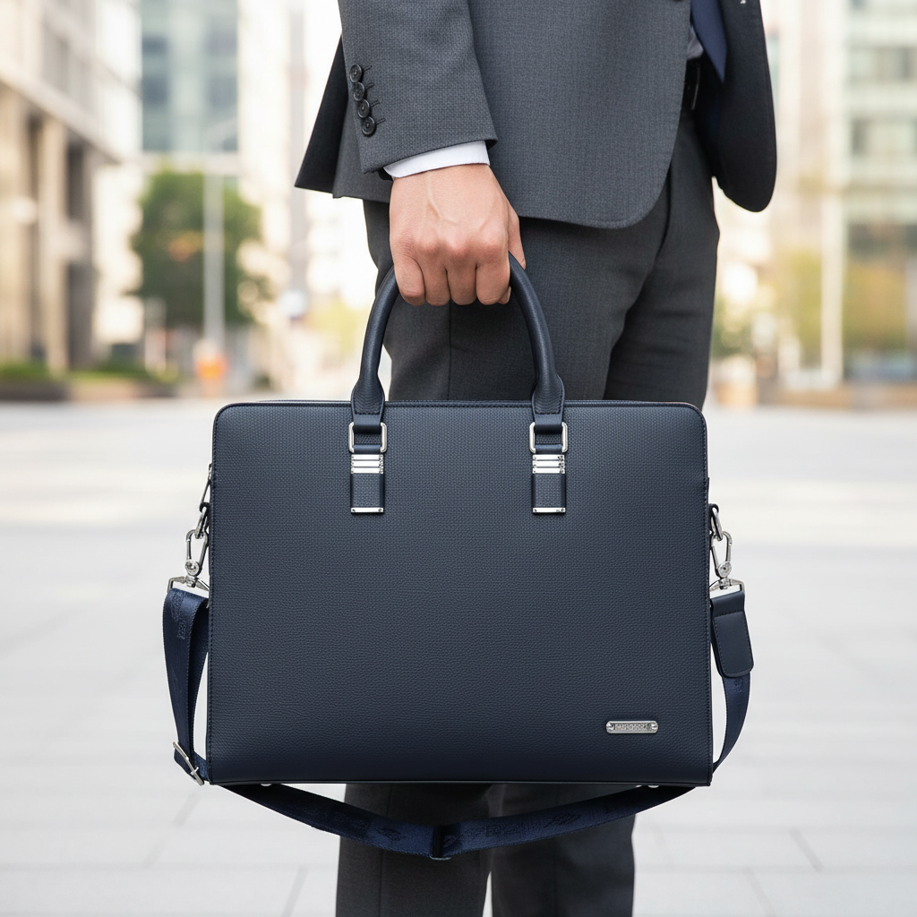 Svart, stilren läderaktväska LuxuryCarry. Professionell businessväska för kontor och affärsresor, elegant design.