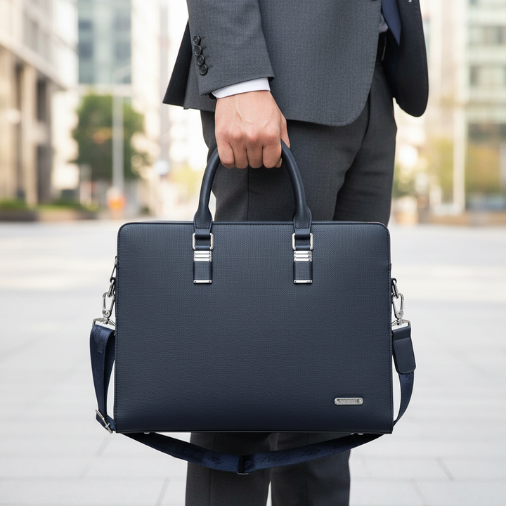 Svart, stilren läderaktväska LuxuryCarry. Professionell businessväska för kontor och affärsresor, elegant design.