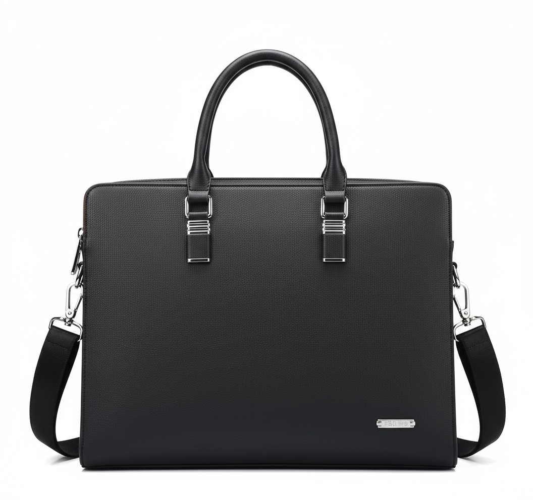 Elegant blå kontorsväska i läder. Multifunktionell design, perfekt för att bära laptop och viktiga dokument säkert.