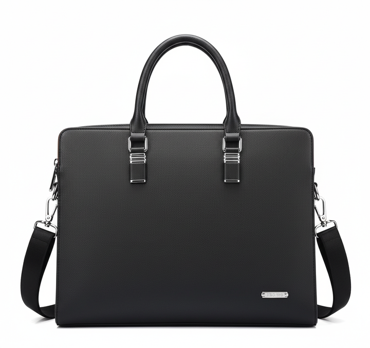 Elegant blå kontorsväska i läder. Multifunktionell design, perfekt för att bära laptop och viktiga dokument säkert.