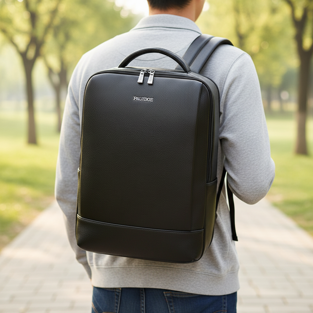 Svart stilren ryggsäck för laptop, rymlig med smart förvaring. Perfekt som arbetsväska eller skolväska unisex.