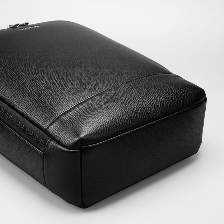 Rymlig svart laptopväska/ryggsäck med stilren design. Perfekt förvaring för pendling, skola eller arbete.