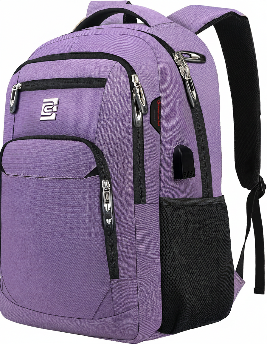 Lila stilren säkerhetsryggsäck för 15,6" laptop. Ergonomisk och bekväm design för skola och fritid.