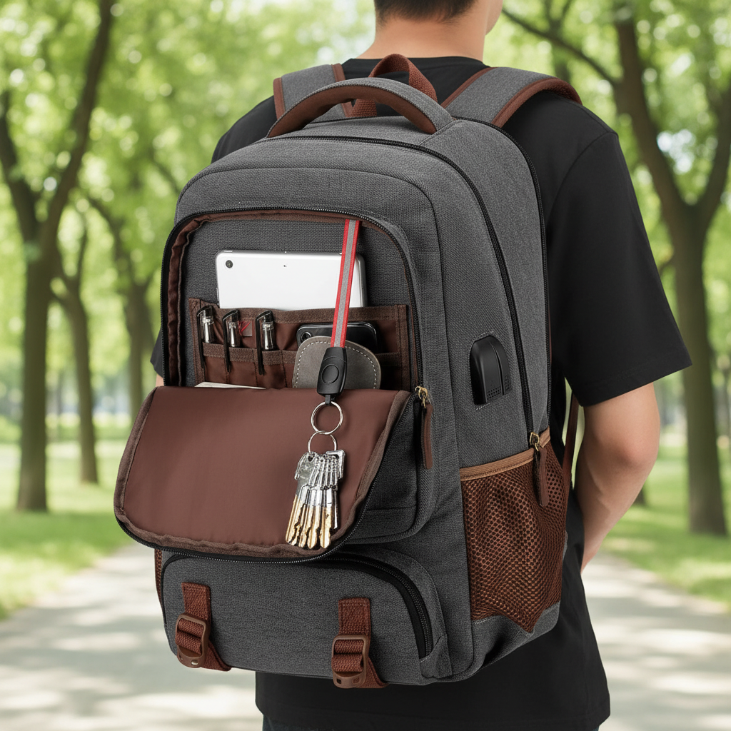 Svart unisex laptopryggsäck med USB-port och stöldskydd, idealisk för arbete, skola och resor.