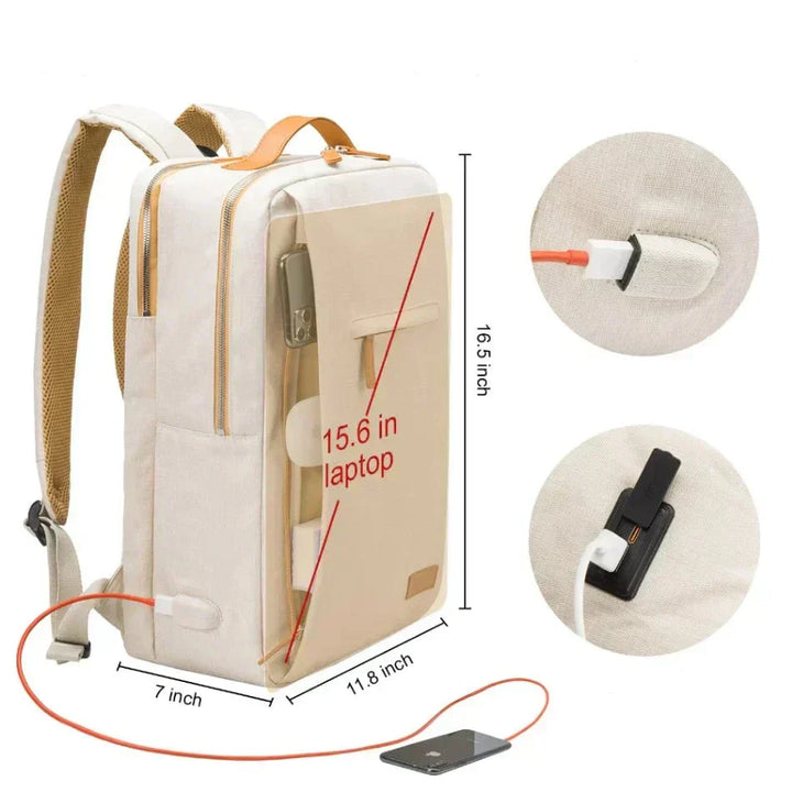 Organiserad beige unisex ryggsäck med laptopfack och USB-port. Perfekt för teknik och dagligt bruk, funktionell och snygg.