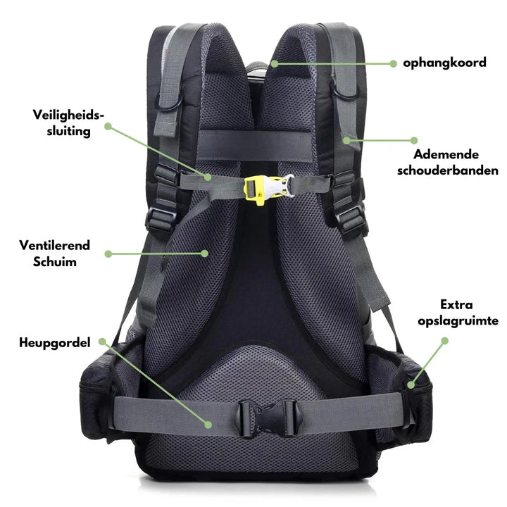 Ljusblå unisex ryggsäck, perfekt för vandring, camping och utomhusaktiviteter. Robust reseutrustning för alla.