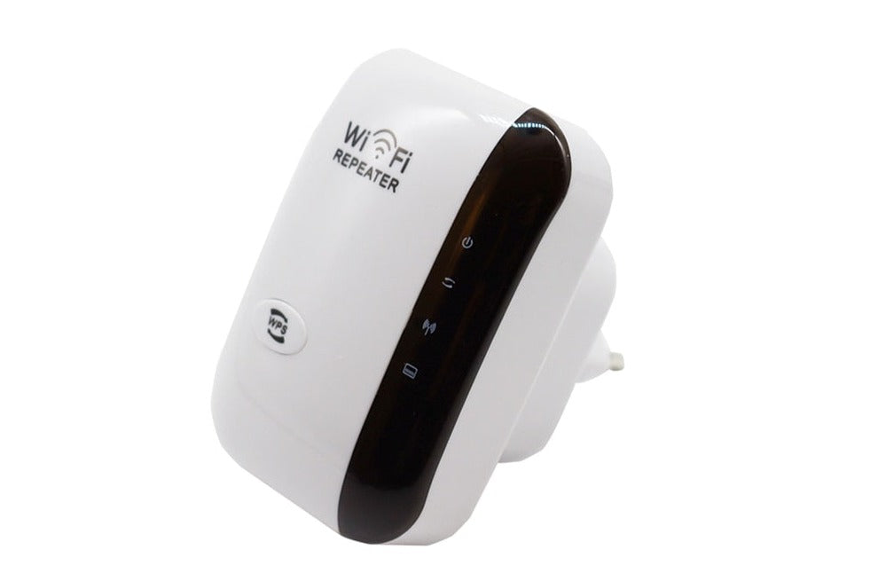 WiFi repeater med LED-indikatorer, förstärker trådlösa nätverk och ger stabil internetanslutning.