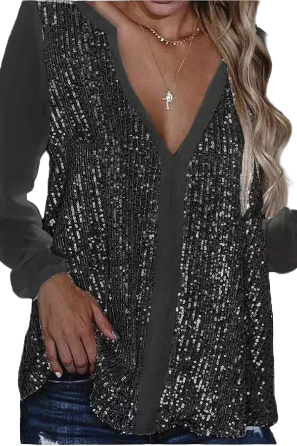 Svart V-ringad Paljettblus för kvinnor, långärmad, perfekt festtopp för en glamorös look.