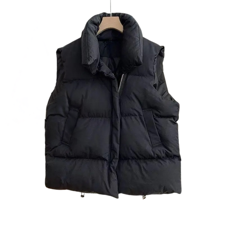 Svart varm dunväst för kvinnor, bekväm vinterväst i polyester.