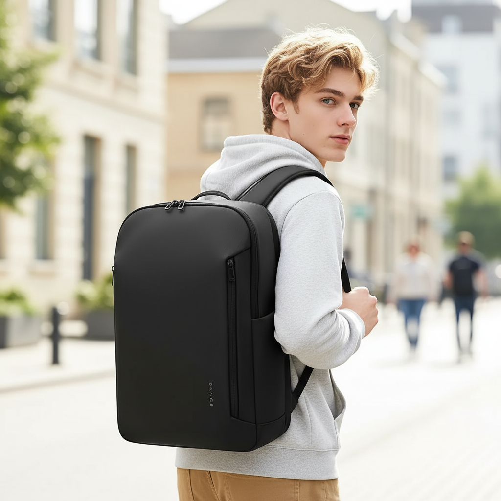 Svart vattentålig affärsryggsäck för laptop. Elegant design, perfekt för kontor och pendling.