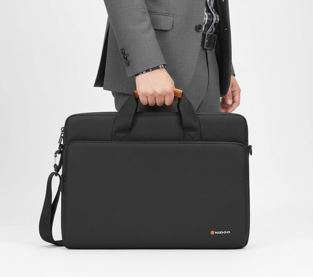 Närbild på den robusta svarta laptopväskan som visar vattentåligt tyg och skyddande dragkedjor.