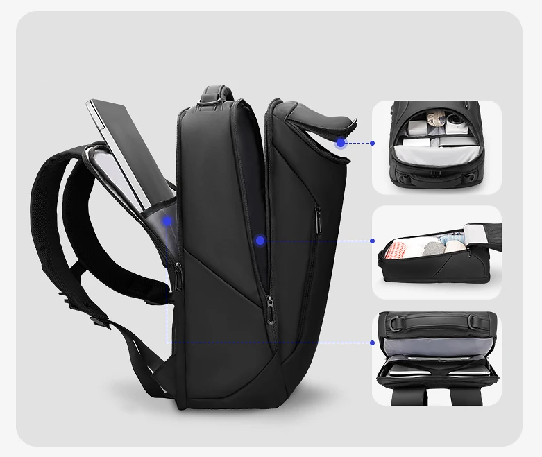 Unisex arbetsryggsäck, vattentålig och elegant, med smarta fack för laptop. Idealisk pendlar- och reseryggsäck.