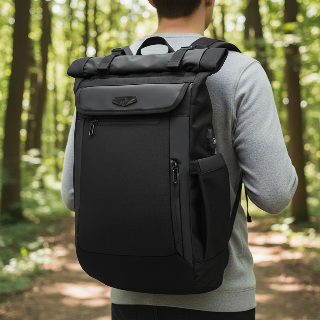 Svart vattentät reseryggsäck 50L för laptop. Ergonomisk pendlarväska för bekväm resa och packning.