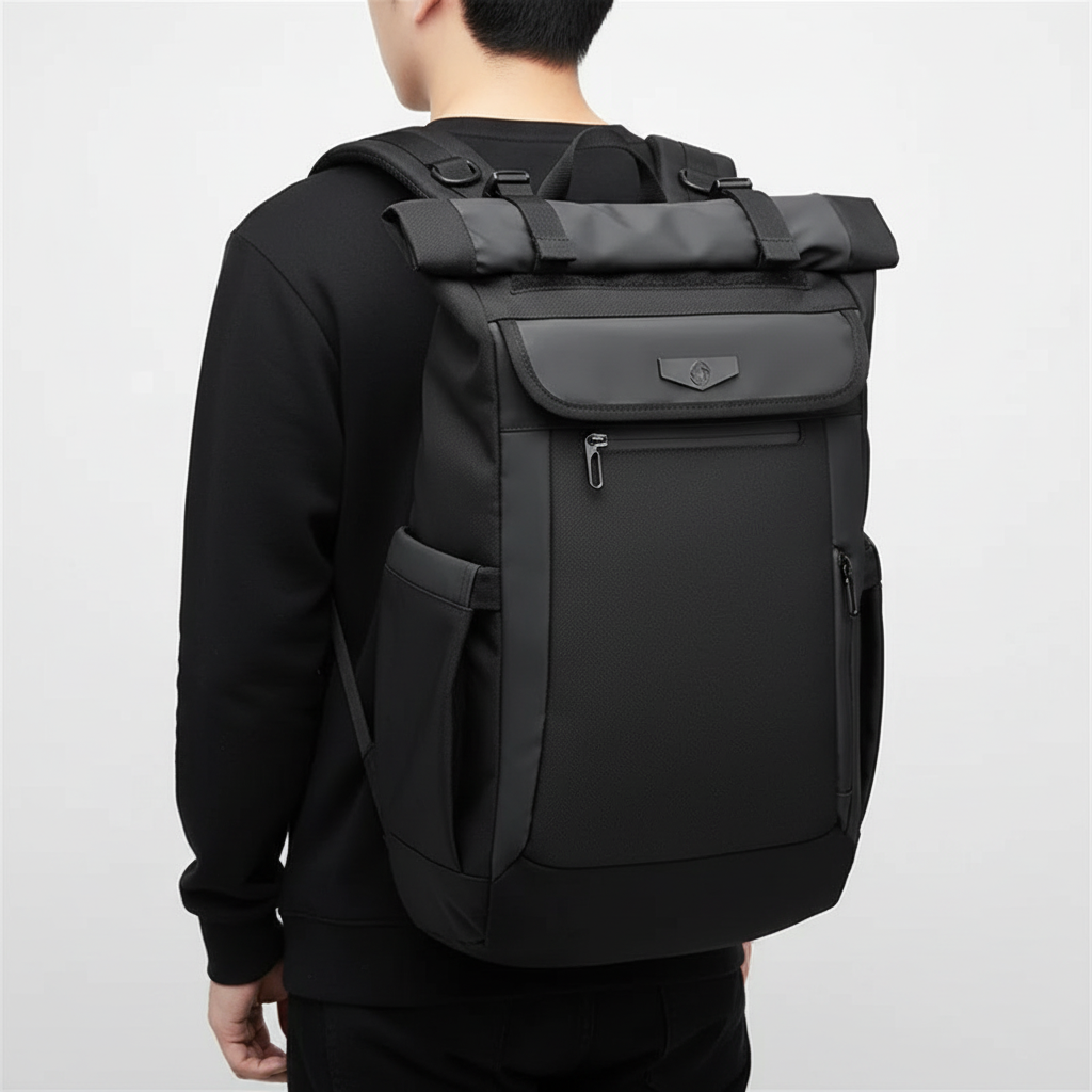 Rymlig svart 50L vattentät reseryggsäck. Perfekt för säker packning av laptop och utrustning på resan.
