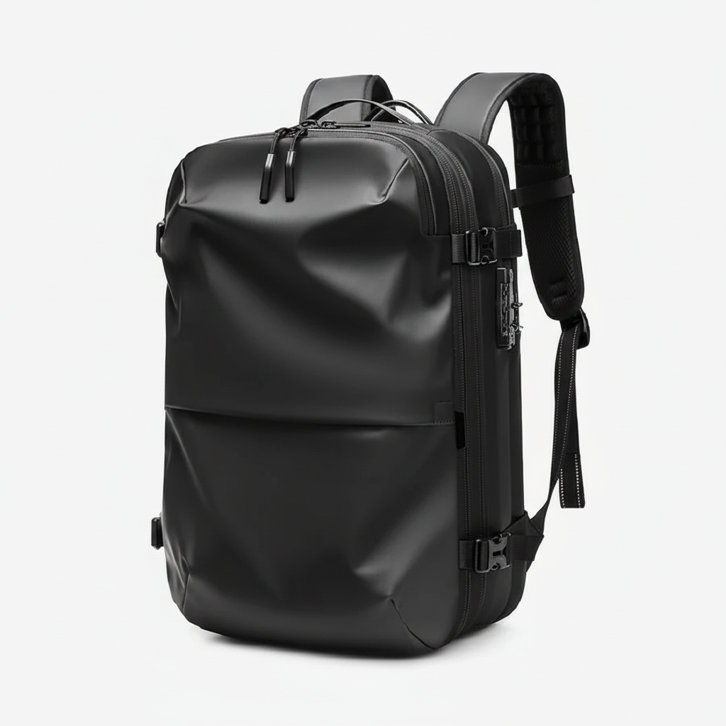 Vattentät ryggsäck för resor, visad med utökat utrymme för extra packning, laptopfack och bekväm design.