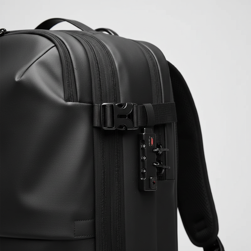 Laptopryggsäck: organiserad invändig layout med skyddat fack för bärbar dator och mindre fickor.