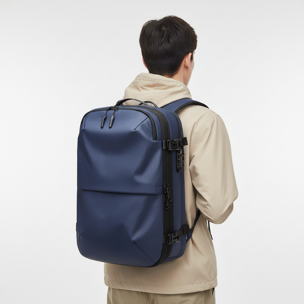 Komfortabel unisex ryggsäck i svart, buren av person. Ergonomisk design för långa dagar och resor.