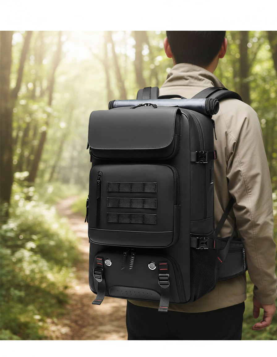 Svart WaterGuardian 50L vattentät reseryggsäck med USB-laddning, perfekt för vandring och organiserade äventyr.