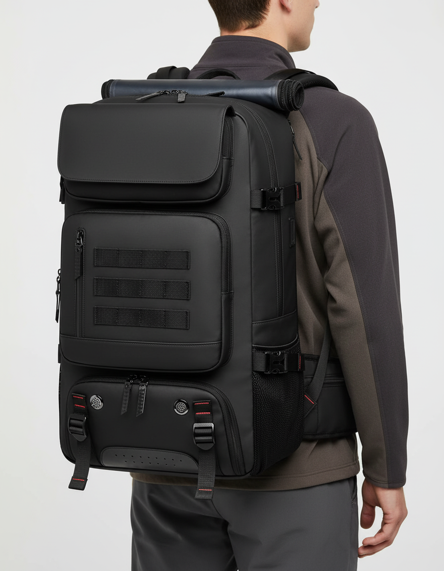 Hållbar svart 50L reseryggsäck WaterGuardian för äventyr, med vattentät design och smarta organiseringsfack.