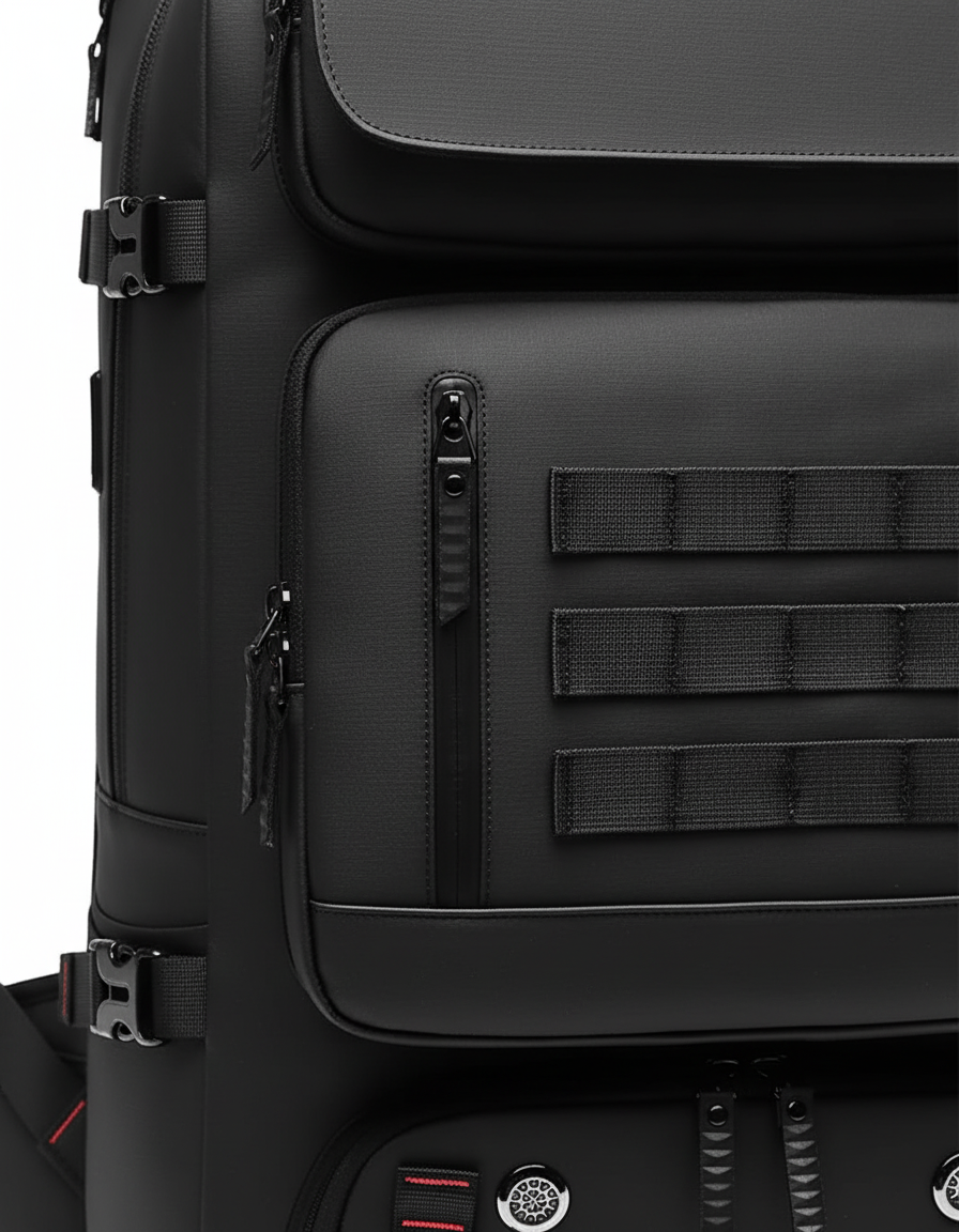 Stor svart WaterGuardian ryggsäck 50L, vattentät och slitstark för resor, vandring och som bagage med USB-port.