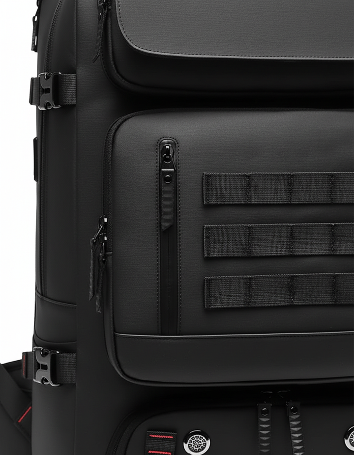 Stor svart WaterGuardian ryggsäck 50L, vattentät och slitstark för resor, vandring och som bagage med USB-port.