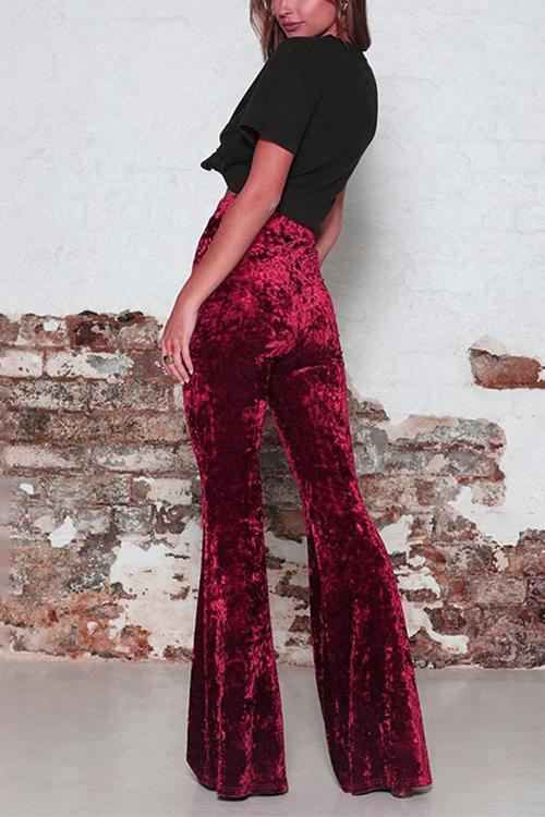 Kvinnors svarta bell bottoms med hög midja, bekväm elastisk passform, vardagsstil.