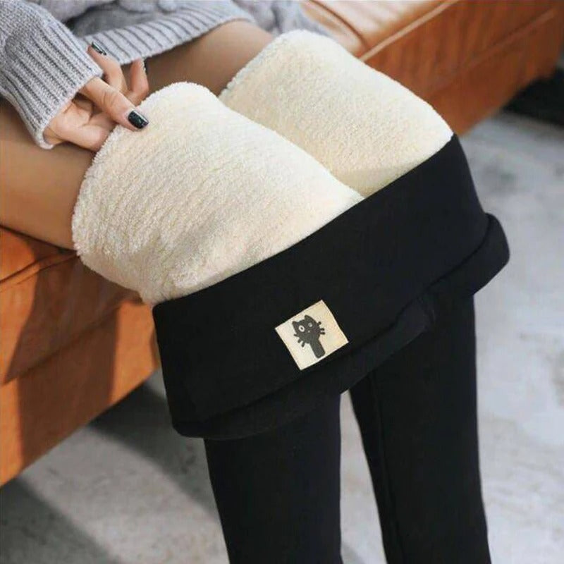 Snygga grå sammetsleggings med värmande fleecefoder, hög midja & stretch för casual stil