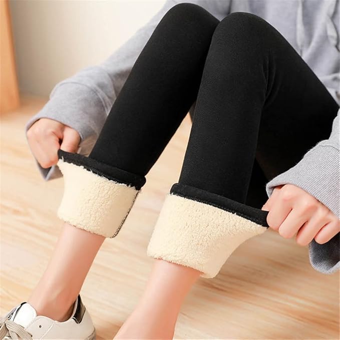Svarta högmidjade leggings för dam, sammetstextur med mjukt fleecefoder, vinterredo