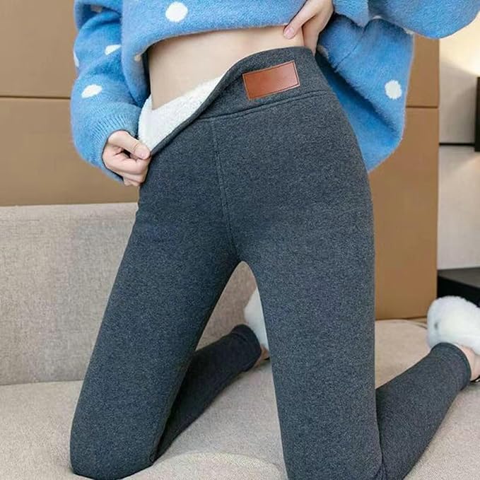 Grå fleecefodrade damleggings i elegant sammet med bekväm hög midja, varma & mångsidiga