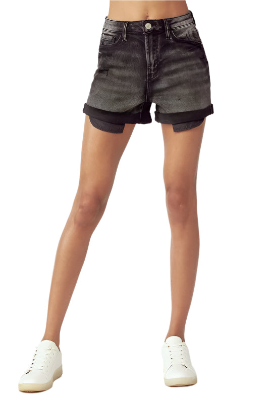 Svarta högmidjade rullade damshorts för sommar, trendiga och bekväma casual shorts.
