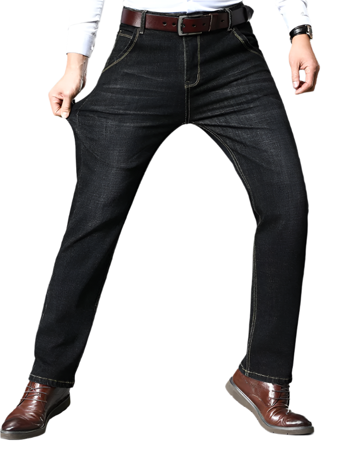 Svarta herr stretchjeans med normal passform. Bekväma vardagsjeans för stilren herrmode, hög komfort.