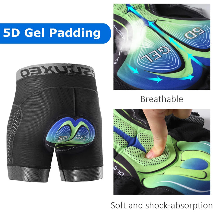 Man i svarta herrcykelshorts med 5D gelkuddar, perfekta för träning och långa cykelpass.