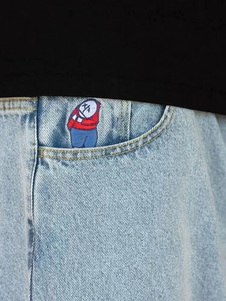 Mörkblå baggy herrjeans, vida ben för allsidig avslappnad stil. Komfortabla och moderna.